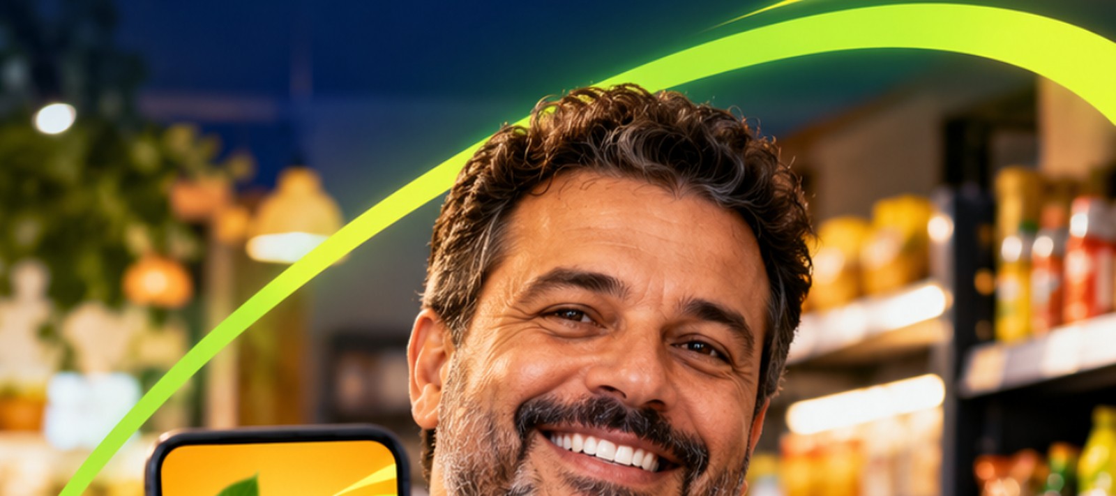 Dono de mercado sorrindo, com o celular na mão, dentro da loja